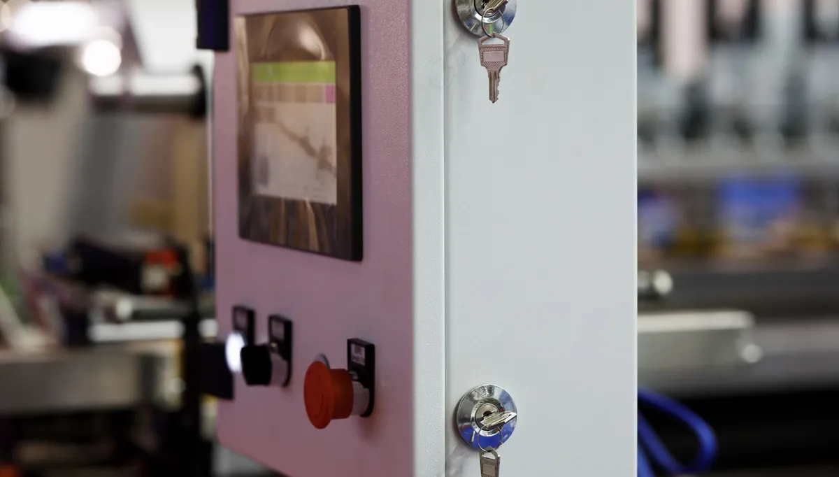 Painel industrial com botoeira vermelha e display